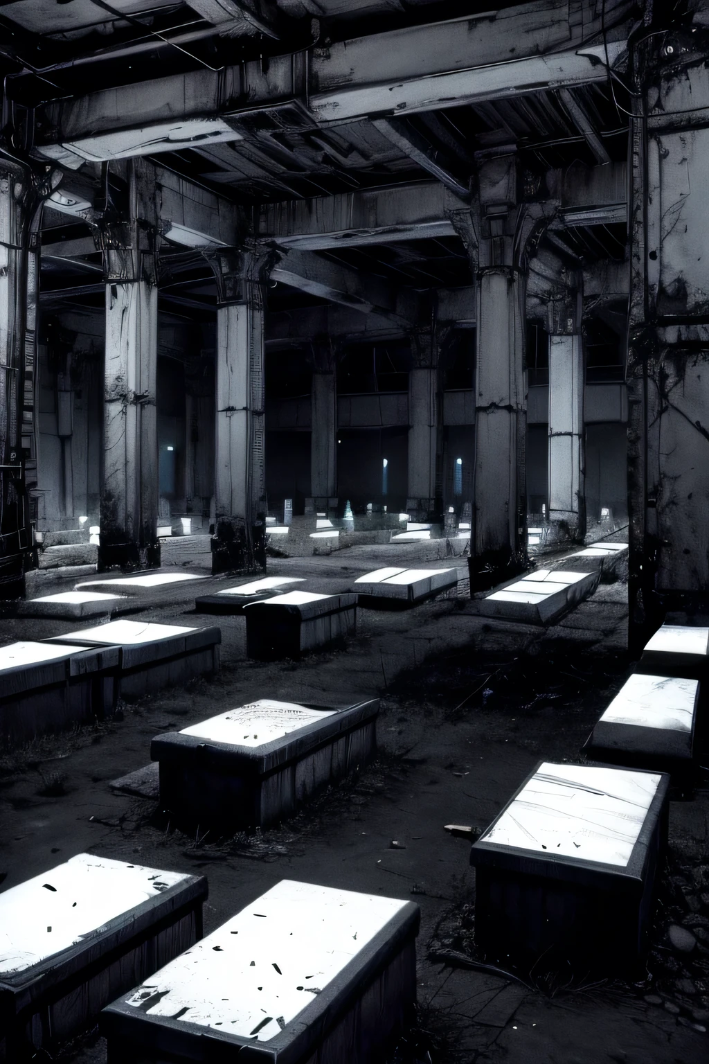 An industrial styled cemetery with open tombs, black and white with purple light