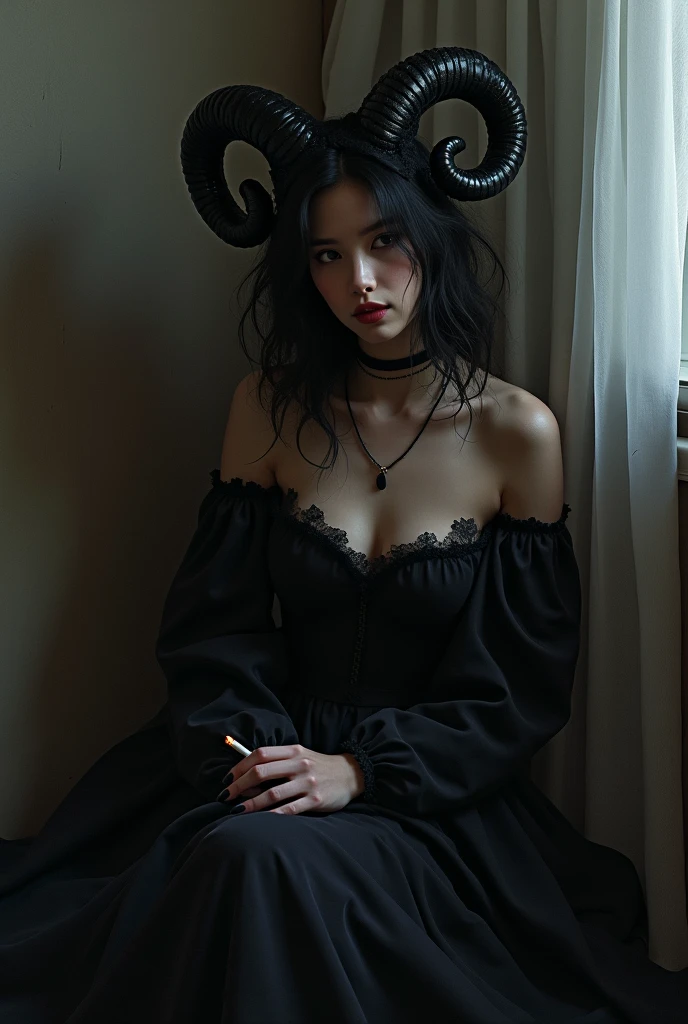 A pretty black sheep woman with a cigarette in her hand sitting in a corner of her room, prettier as a human and depressed like that but only her face is a sheep and her body like a gothic woman, the face of a sheep and Chinese but that her forehead 
