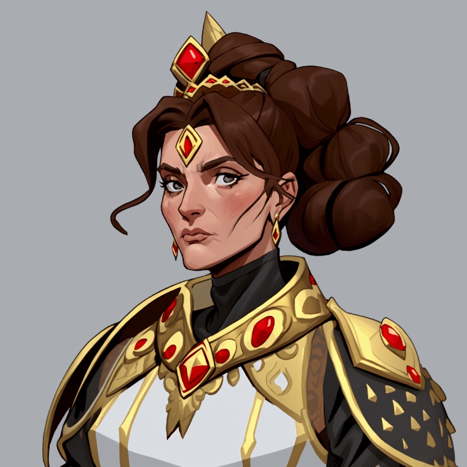 concept art, European and American comics, game character design, Middle-aged European woman, Beautiful appearance, brown hair, Gold crown on top of the head, Hair tied up on top of head, Warrior Silver Armor, gray background, Draw with clean black lines