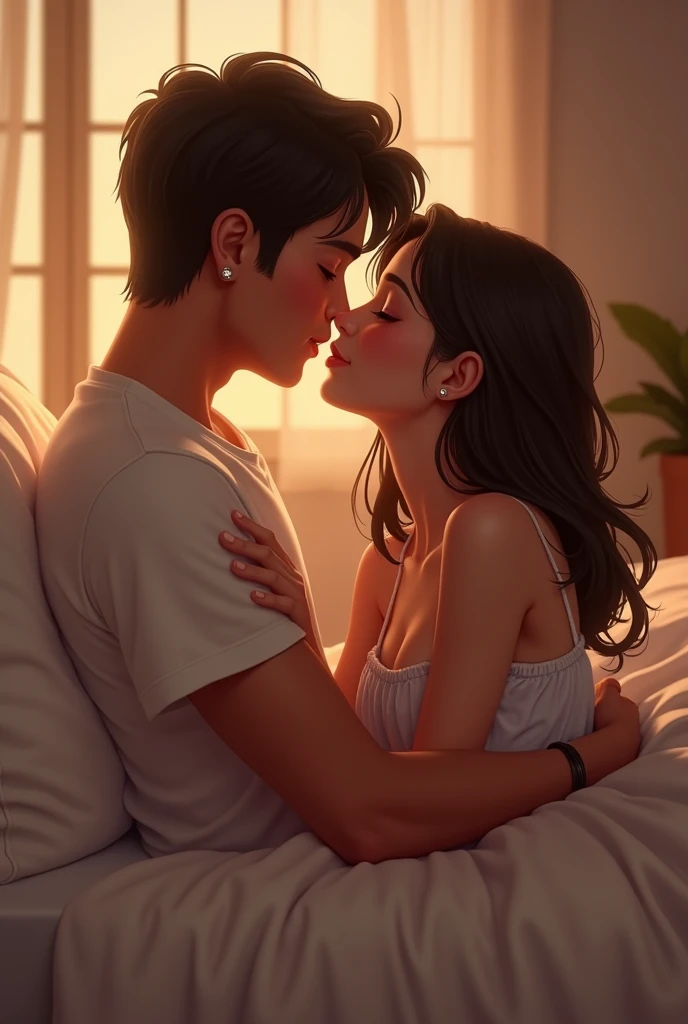Cute couple kiss at bed