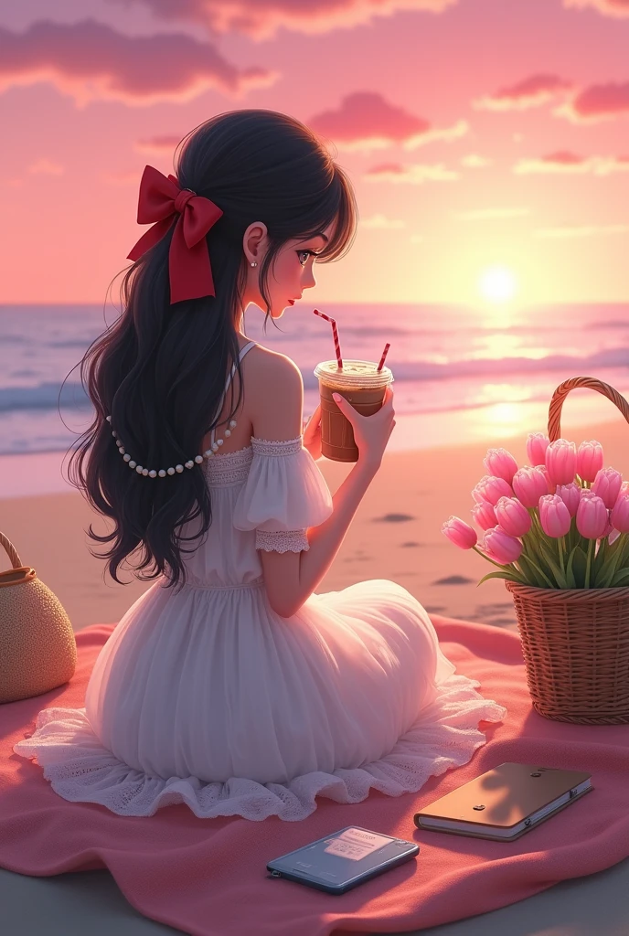 Picturesque pink sunset at the beach with dreamy picnic set up, where cartoon Animated classic Ethereal fierce woman, with wavy long black hair with red bow clip at middle back, wearing off shoulder, embroidered white long tulle dress with pearl accessories, holding iced coffee with one straw looking at the classic vintage diary, with mobile phone at picnic woven mat, light pink tulips bouquet, and beach bag