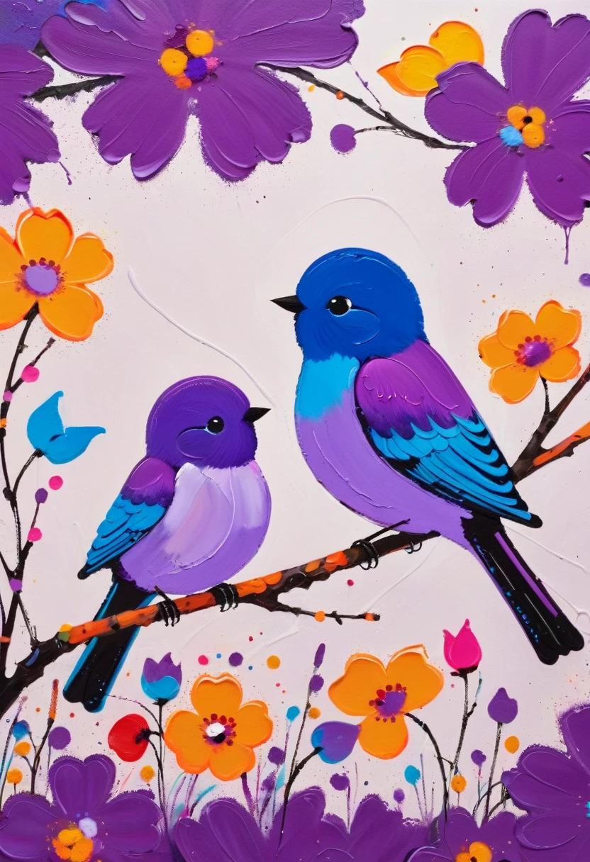 Colorful black，Oil stick painting，Volume，Thick coating，Children's graffiti，Painting of two birds sitting on a branch with flowers, Bright colors的鸟, Purple and, cute的, Bright colors，cute, Lavender Color and Color Schemes, and purple color scheme,High Saturation