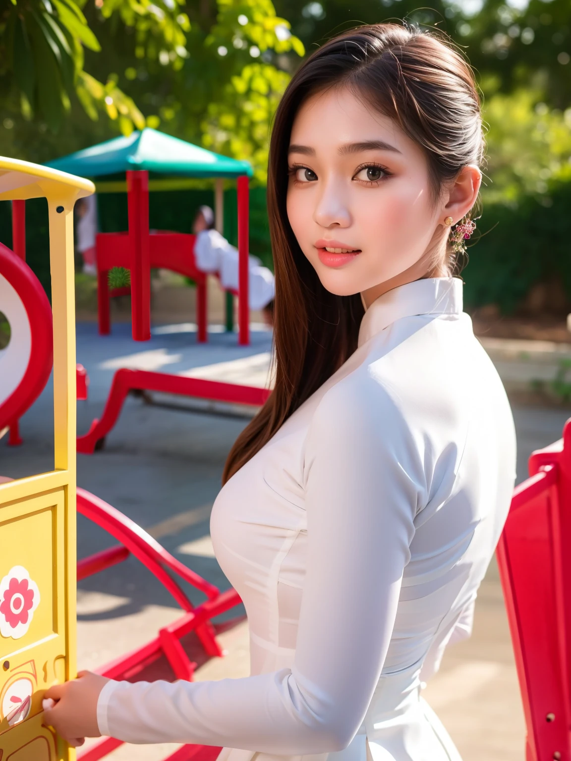 a girl in a white  traditional vietnamese dress, playing with friends in a playground, natural lighting, realistic, 1girl, detailed face, detailed eyes, detailed lips, soft lighting, warm tones, bright, vibrant colors, lush greenery, playground equipment, photorealistic, 8k, high quality, highly detailed