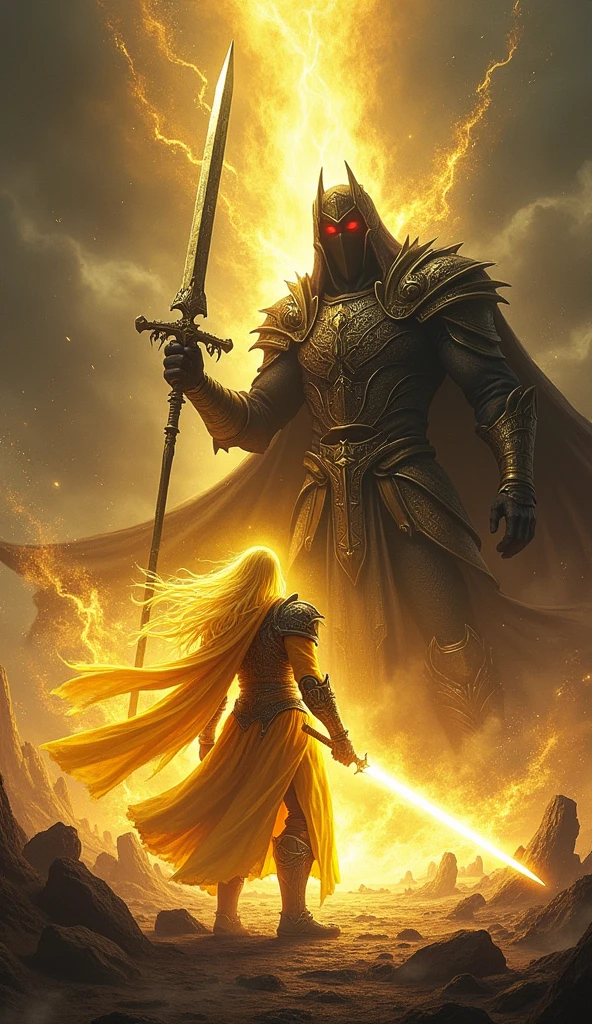 On a desolate battlefield under a darkened sky, Voltex, now transformed with long, flowing golden hair and clad in armor radiating with a brilliant golden glow, faces off against the towering figure of the Dark Lord. The Dark Lord, shrouded in black robes etched with ancient runes, exudes a menacing aura, his red eyes glowing with malevolent intent. He wields a massive staff crowned with a dark crystal that pulses with dark energy, casting a shadow over the land.
Voltex, empowered by the Radiant Princess’s light, raises his sword, which now pulses with golden energy. The battlefield is split between the radiant light emanating from Voltex and the consuming darkness pouring from the Dark Lord. As they clash, the very air crackles with the raw power of their opposing forces.
The Dark Lord unleashes waves of dark energy from his staff, but Voltex counters with a blinding slash of golden light, the impact sending shockwaves through the battlefield. The scene captures the intense struggle between light and darkness, as Voltex’s golden hair flows with energy, and the Dark Lord’s robes billow with the force of his dark magic. The contrast between the two warriors is stark, with Voltex’s radiance illuminating the surrounding darkness, and the Dark Lord’s presence shrouding everything in shadows.
The background is filled with remnants of the battlefield, crumbling ruins, and flashes of light and darkness as their powers collide, symbolizing the ultimate battle between good and evil.