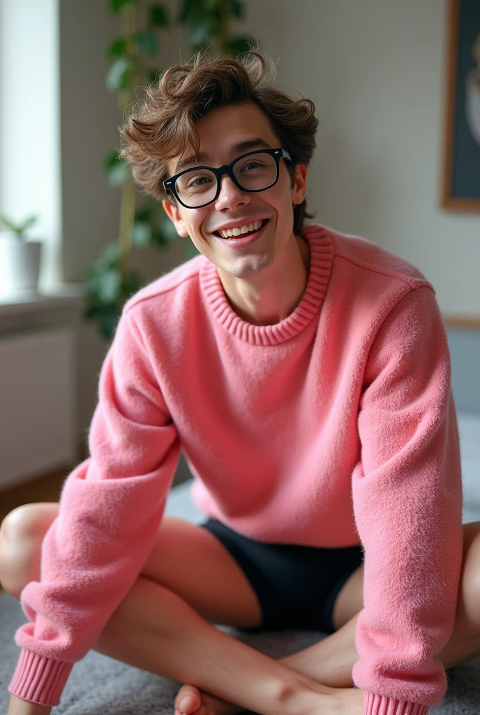 create a picture of joost klein taking a selfie and smiling beautifully with his hair messed up and dressed up with a big pink sweater and his black glasses, legs spread and with black boxers