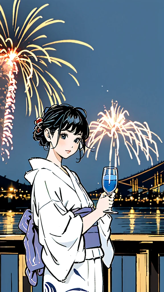 A highly realistic 4K image of a Japanese woman wearing a traditional yukata. She is standing at night, holding a small glass of water in one hand, and is positioned in front of a vibrant fireworks display. The fireworks light up the night sky with vivid colors. In the background, Mount Fuji is visible, its silhouette slightly illuminated by the fireworks. The scene captures the serene and festive atmosphere, with the woman looking peaceful and the yukata adorned with intricate patterns.
