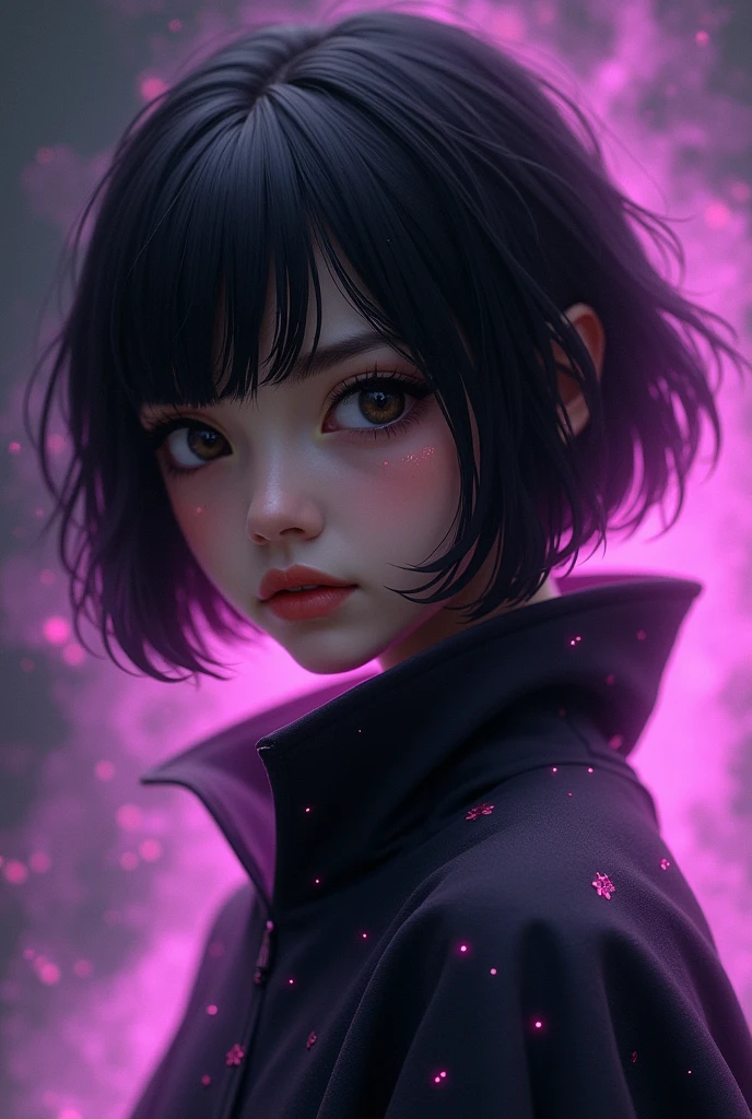 Fille qui a des yeux noirs,coupe carré plongeant,yeux brun,dégage un aura d’énergie rose-violet autour d’elle,porte une cape noir