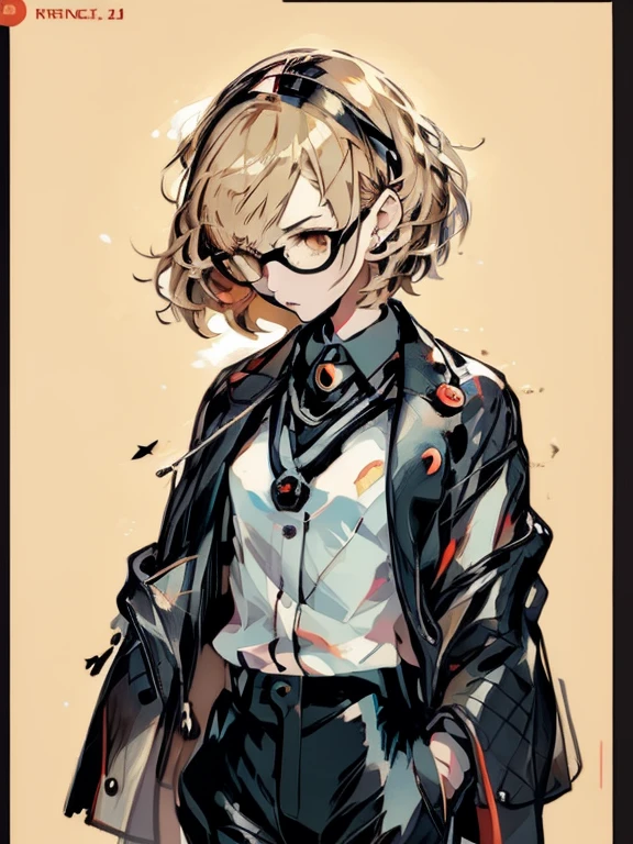 ((chibi)), big head, focus face, flat avatar, in the art style of persona5, (masterpiece:1.2, highest quality), (Realistic, photoRealistic:1.4), Beautiful illustrations, (Natural Side Lighting, Cinema Lighting), Written boundary depth, Beautiful thighs staring at the viewer, 1 female, 20-year-old, alone, thin, slender, (small breasts), short Hair, straight Hair, Forehead, Forehead, Forehead, Forehead, thin, slender, glasses, ((Skinny black pants, collared shirt)), Are standing, (((glasses))), ((Close-up)), ((Close-up)), ((Close-up))