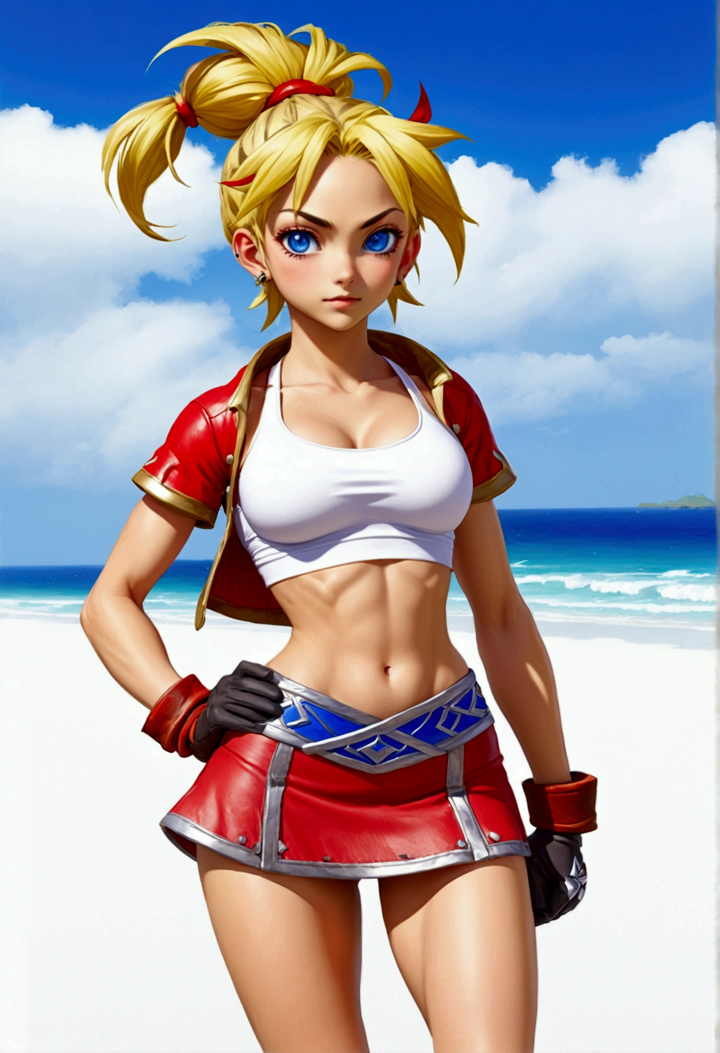 (promotional art), (Whole body view), (Kid from Chrono Cross), yellow hair in high ponytail braid, sapphire blue eyes, very slender toned frame, medium/large bust, pale white skin, (pair of white claw marks on both inner thighs;1.3), (strong glutes), fierce expression, BREAK: (tight red micro skirt with very high front slit), (skirt is red:1.25), high cropped red jacket with short sleeves, skin tight white sports bra under jacket, (tight white sports bra:1.25), loose brown leather ankle boots, BREAK: 1/4 walking pose, on a white sand beach, ocean spray shooting up behind her