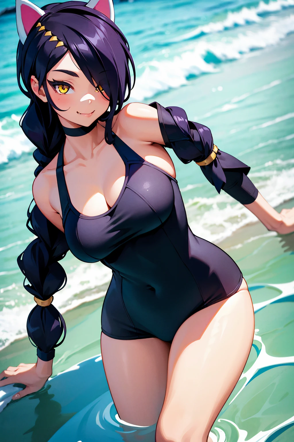 Erisa, 1girl, solo, long hair, looking at viewer, black hair, bandaid on face, yellow eyes, animal ears, smile, bandaid on nose, braid, cat ears, bandaid, bangs, breasts, fake animal ears, simple background, fang, bare shoulders, scar, bare shoulders, closed mouth, hair over one eye, portrait, hair over shoulder, legs, seductive, bathing suit, 2 piece swimsuit, beach, realistic, highly detailed face, detailed eyes, best quality, masterpiece, ultra detail, ultra high res, extreme detail, 8k, uhd, voluptuous, curvy, thick thighs, milf, butt, ass, round ass, from behind, holding up butt, 