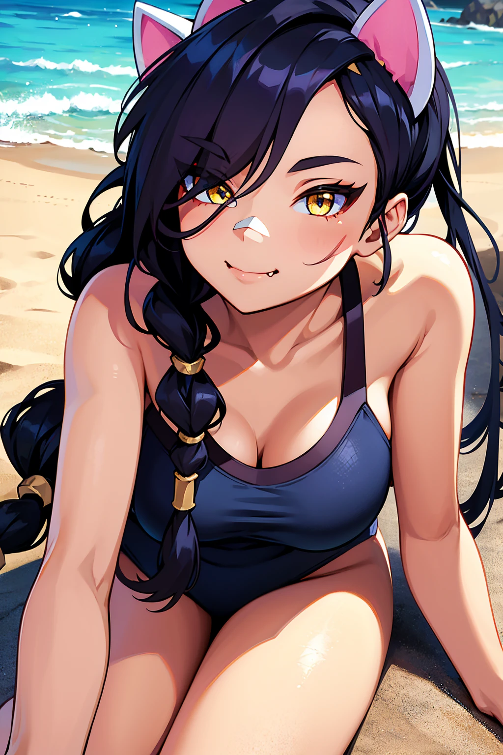 Erisa, 1girl, solo, long hair, looking at viewer, black hair, bandaid on face, yellow eyes, animal ears, smile, bandaid on nose, braid, cat ears, bandaid, bangs, breasts, fake animal ears, simple background, fang, bare shoulders, scar, bare shoulders, closed mouth, hair over one eye, portrait, hair over shoulder, legs, seductive, bathing suit, 2 piece swimsuit, beach, realistic, highly detailed face, detailed eyes, best quality, masterpiece, ultra detail, ultra high res, extreme detail, 8k, uhd, curvy, 