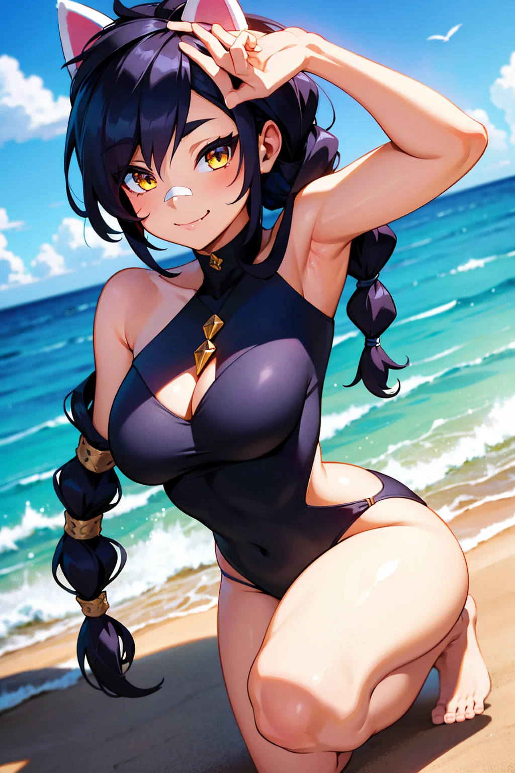 Erisa, 1girl, solo, long hair, looking at viewer, black hair, bandaid on face, yellow eyes, animal ears, smile, bandaid on nose, braid, cat ears, bandaid, bangs, breasts, fake animal ears, simple background, fang, bare shoulders, scar, bare shoulders, closed mouth, hair over one eye, portrait, hair over shoulder, legs, seductive, bathing suit, 2 piece swimsuit, beach, realistic, highly detailed face, detailed eyes, best quality, masterpiece, ultra detail, ultra high res, extreme detail, 8k, uhd, curvy, 