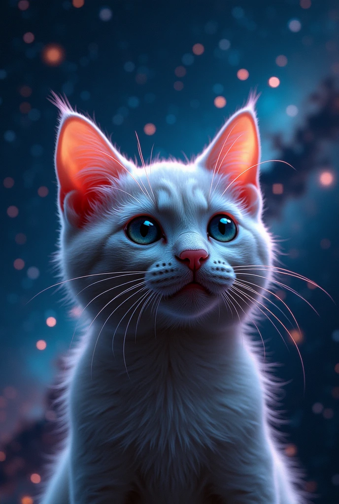 Cat face close up, Space in the background (Beautiful shining stars and galaxies), Space Cat, big "!?" on the screen is written in big letters on the screen,