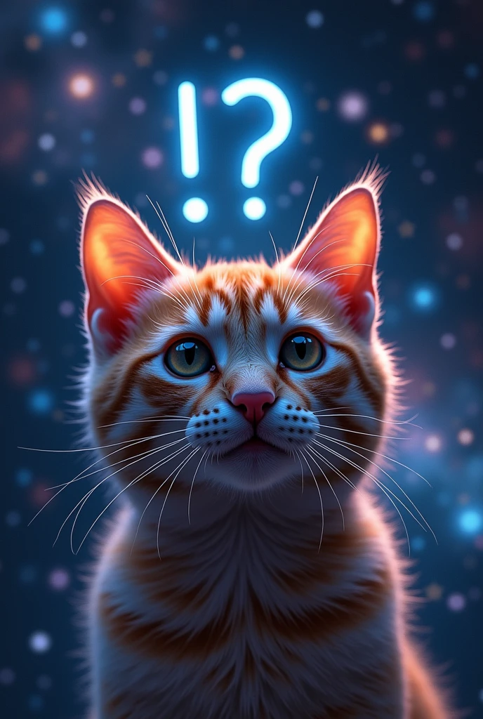 Cat face close up, Space in the background (Beautiful shining stars and galaxies), Space Cat, big "!?" on the screen is written in big letters on the screen,