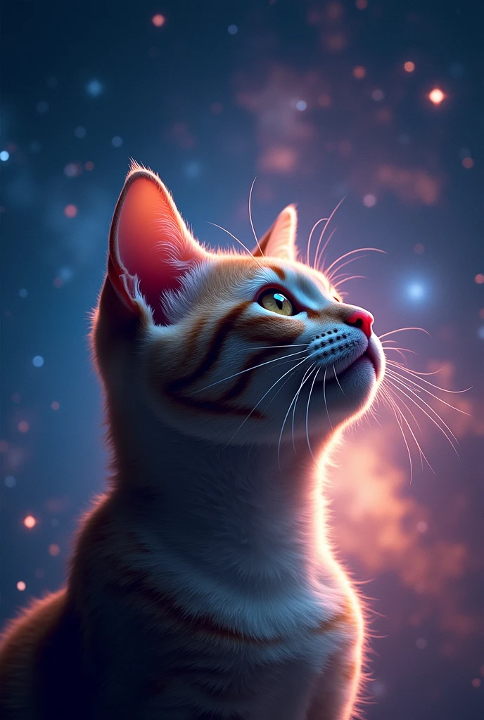 Cat face close up, Space in the background (Beautiful shining stars and galaxies), Space Cat, big "!?" on the screen is written in big letters on the screen,
