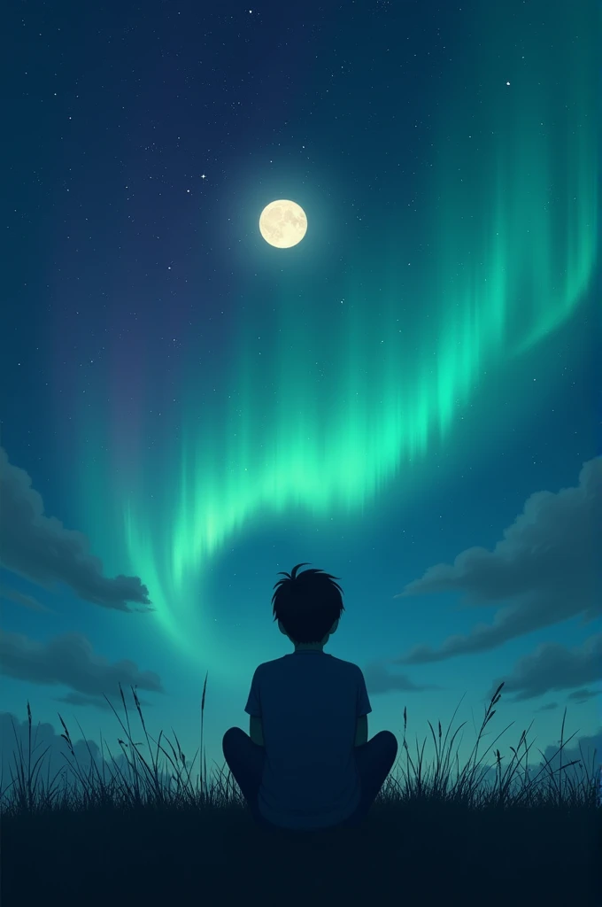 Night sky me sitting on grass ,moon,northern lights