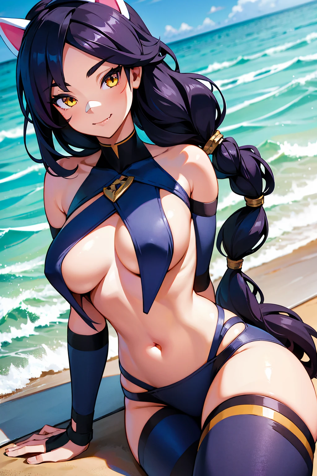 Erisa, 1girl, solo, long hair, looking at viewer, black hair, bandaid on face, yellow eyes, animal ears, smile, bandaid on nose, braid, cat ears, bandaid, bangs, breasts, fake animal ears, simple background, fang, bare shoulders, scar, bare shoulders, closed mouth, hair over one eye, portrait, hair over shoulder, legs, seductive, bathing suit, 2 piece swimsuit, beach, realistic, highly detailed face, detailed eyes, best quality, masterpiece, ultra detail, ultra high res, extreme detail, 8k, uhd, curvy,