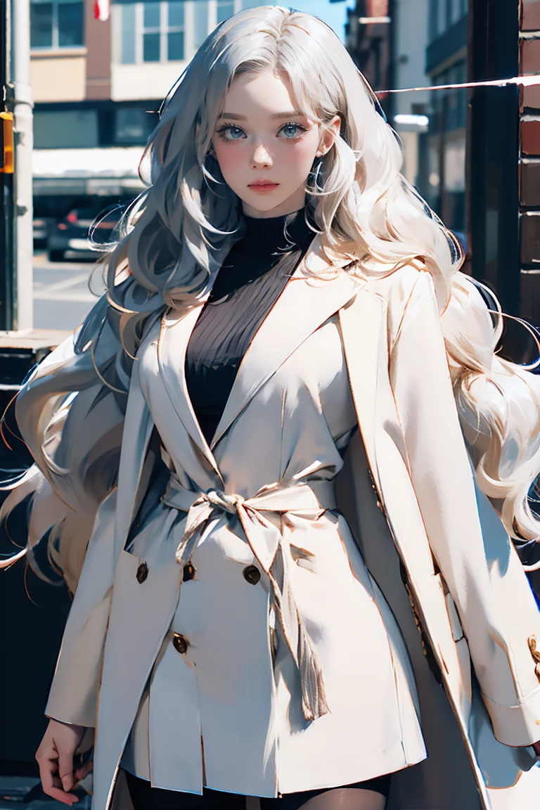 Layering,((On the outside, he is half-dressed in a white coat.)),(Sailor collar uniform),shirt, Pleated skirt,(Black Pantyhose),[:(Detailed face:1.2):0.2], RAW Photos, (masterpiece), (Highest quality), High resolution, (Realistic, photo-Realistic:1.2), Super detailed, Physically Based Rendering, One girl, Air Van, Long Hair, (Silver Hair), Wavy Hair,Large Breasts,See-through