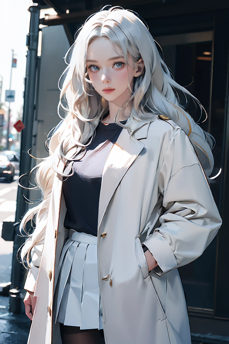Layering,((On the outside, he is half-dressed in a white coat.)),(Sailor collar uniform),shirt, Pleated skirt,(Black Pantyhose),[:(Detailed face:1.2):0.2], RAW Photos, (masterpiece), (Highest quality), High resolution, (Realistic, photo-Realistic:1.2), Super detailed, Physically Based Rendering, One girl, Air Van, Long Hair, (Silver Hair), Wavy Hair,Large Breasts,See-through