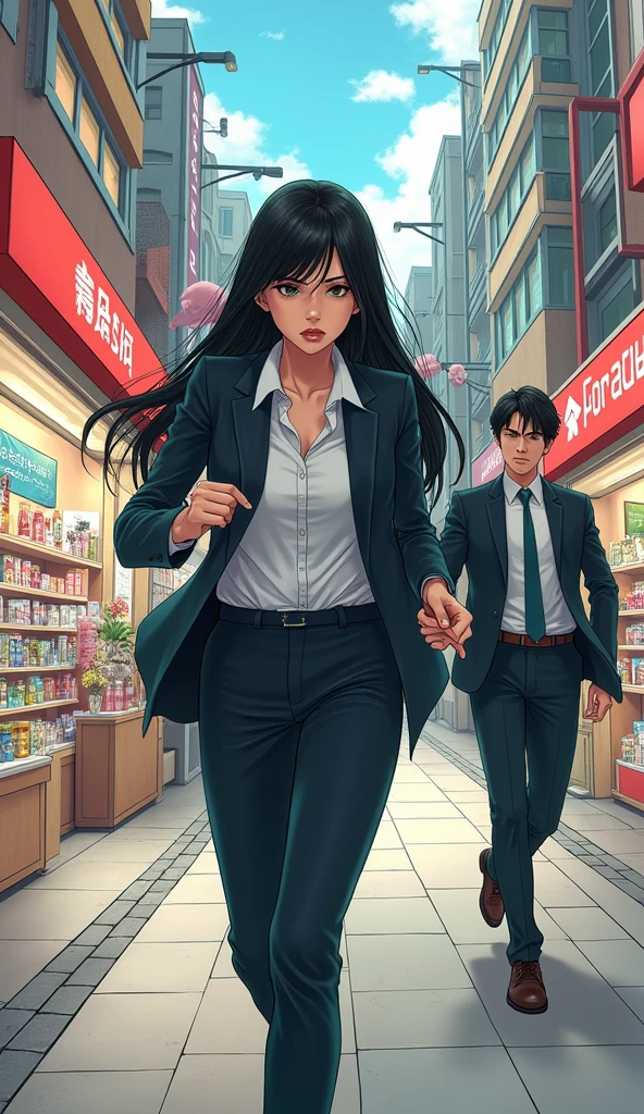 ((A woman with long hair)),Standing on the side of the street,Black straight hair,Ladies suits,((An anxious expression)),Japanese comic style,Choosing cosmetics in a shopping mall,((Chasing the short-haired black man who left,The action of catching up))
