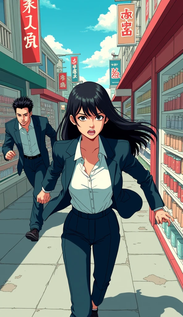 ((A woman with long hair)),Standing on the side of the street,Black straight hair,Ladies suits,((An anxious expression)),Japanese comic style,Choosing cosmetics in a shopping mall,((Chasing the short-haired black man who left,The action of catching up))