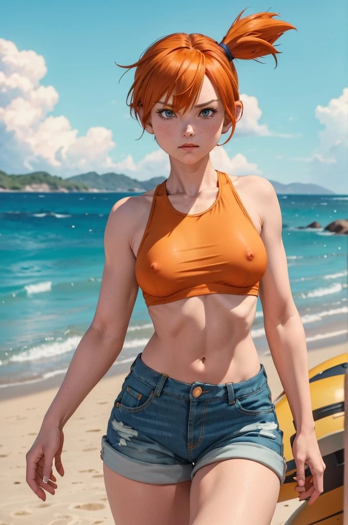 masterpiece, best quality, highres, 1girl, misty (pokemon), orange hair, solo, serious face look, full of sweatsshorts, nude torso, side ponytail, orange hair, midriff, nude naked boobs with small nipples, navel, short hair, denim, denim shorts cowboy shot, on the beach, small breasts, Externally expanded Chest,