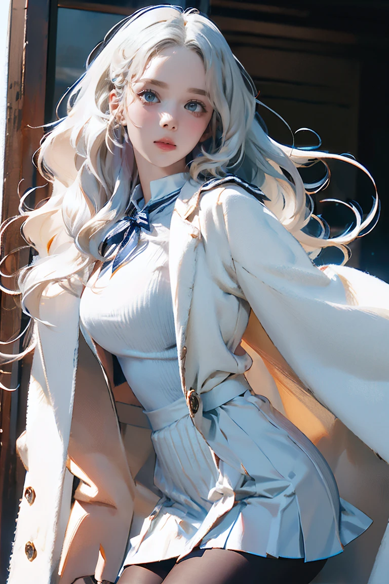 Layering,((On the outside, he is half-dressed in a white coat.)),(Sailor collar uniform),shirt, Pleated skirt,(Black Pantyhose),[:(Detailed face:1.2):0.2], RAW Photos, (masterpiece), (Highest quality), High resolution, (Realistic, photo-Realistic:1.2), Super detailed, Physically Based Rendering, One girl, Air Van, Long Hair, (Silver Hair), Wavy Hair,Large Breasts,See-through