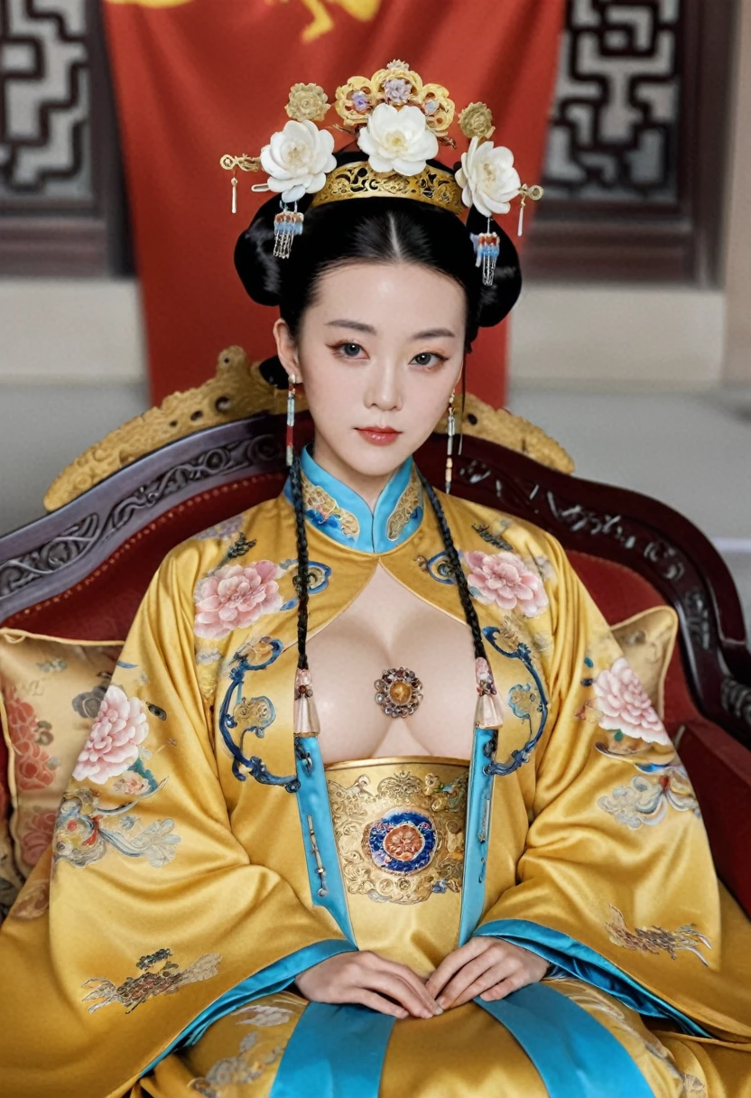 From before the Qing, The Empress sits naked on a golden sofa in the palace, Her eyes are wide open, Her legs were spread, big naked breasts. At the Chinese court during the Qing Dynasty, Empress of the Qing Dynasty, Empress of China, Wearing a large crown, When viewed from below, the abdomen and thighs are visible..。She is completely naked, Showing off gorgeous large flowers and hairpins, She tied her hair up and pulled it up, 背景はEmpress of the Qing Dynastyの豪華な宮殿.