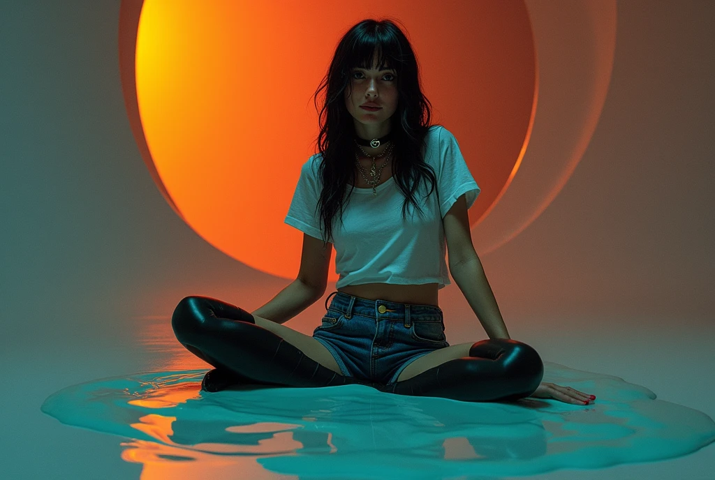 70s setting, grainy analog film, abstract art, stylish legend, artwork, conceptual art, fallen, drama, indulges in fetish, rubber black stockings, vintage liquid jeans cut-offs, t-shirt, slave collar, heels, sits in slime, orange blue, black, void