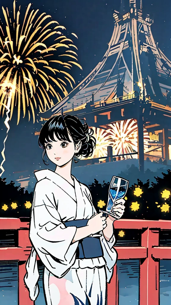 A highly realistic 4K image of a Japanese woman wearing a traditional yukata. She is standing at night, holding a small glass of water in one hand, and is positioned in front of a vibrant fireworks display. The fireworks light up the night sky with vivid colors. In the background, Mount Fuji is visible, its silhouette slightly illuminated by the fireworks. The scene captures the serene and festive atmosphere, with the woman looking peaceful and the yukata adorned with intricate patterns.