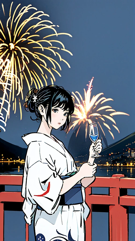 A highly realistic 4K image of a Japanese woman wearing a traditional yukata. She is standing at night, holding a small glass of water in one hand, and is positioned in front of a vibrant fireworks display. The fireworks light up the night sky with vivid colors. In the background, Mount Fuji is visible, its silhouette slightly illuminated by the fireworks. The scene captures the serene and festive atmosphere, with the woman looking peaceful and the yukata adorned with intricate patterns.