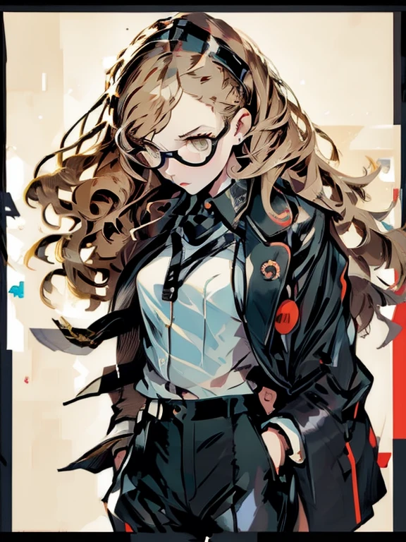 ((chibi)), big head, focus face, flat avatar, in the art style of persona5, (masterpiece:1.2, highest quality), (Realistic, photoRealistic:1.4), Beautiful illustrations, (Natural Side Lighting, Cinema Lighting), Written boundary depth, Beautiful thighs staring at the viewer, 1 female, 20-year-old, alone, thin, slender, (small breasts), long Hair, curly Hair, Forehead, Forehead, Forehead, Forehead, thin, slender, glasses, ((Skinny black pants, collared shirt)), Are standing, (((glasses))), ((Close-up)), ((Close-up)), ((Close-up))