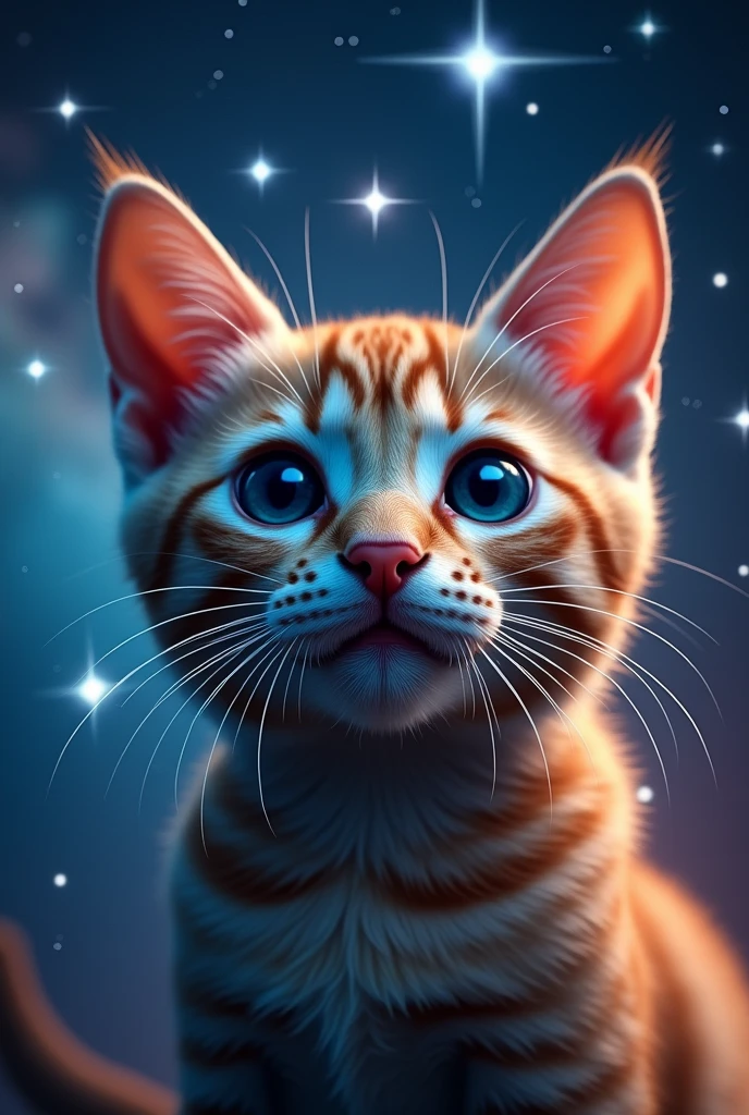 Cat face close up, Space in the background (Beautiful shining stars and galaxies), Space Cat, big "!?" on the screen is written in big letters on the screen,