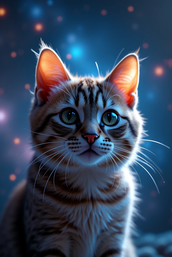 Cat face close up, Space in the background (Beautiful shining stars and galaxies), Space Cat, big "!?" on the screen is written in big letters on the screen,