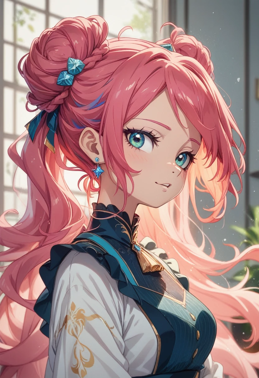 Pony unicorn, the skin color is light blue, the hair is pink and plum. Her hair is caught in a bun with a beautiful blue hairpin. The clothes are beautiful and sophisticated. The pony is elongated and mature. Decorating.Style artgerm, equestria. extremely detailed artgerm.
