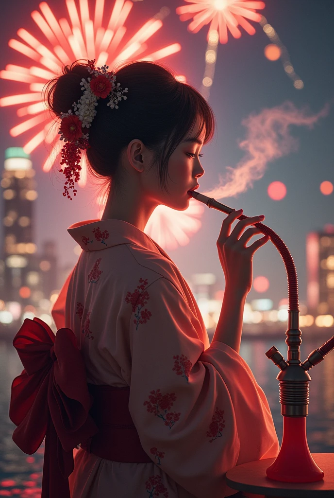 
yukata　Shisha sucking　Beauty　Exhale smoke　Hookah　Facing forward　Hold the raw hose in your right hand　Fireworks in the background