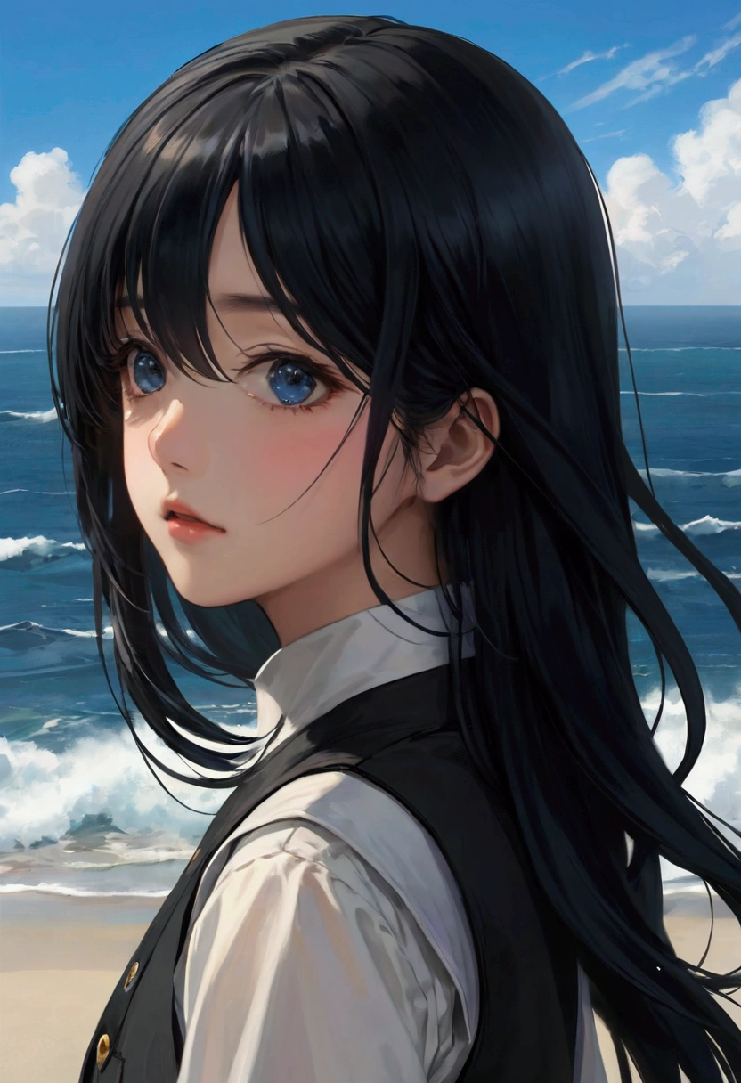 a young girl with long Black Hair and a vest on standing in front of the ocean with a blue sky空, (Bangs:0.575), (black eyes:0.572), (Black Hair:0.709), (blue sky空:0.985), (Shut up:0.536), (cloud:0.927), (sky:0.980), (horizon:0.816), (Japanese clothes:0.511), (Lips:0.7), (Long hair:0.775), (Looking at the audience:0.811), (nose:0.534), (ocean:0.950), (outdoor:0.734), (Practical:0.814), (sky空:0.988), (Solitary:0.937), (Upper Body:0.557), (water:0.600)