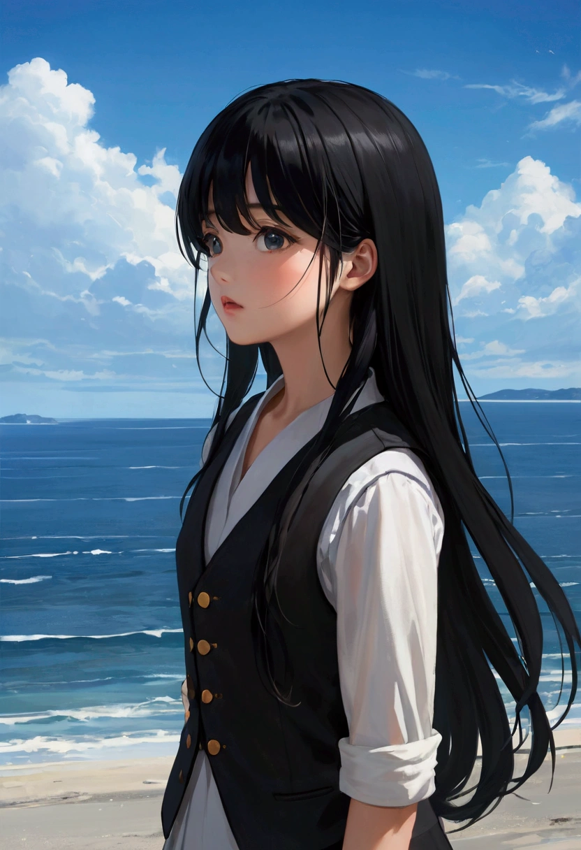 a young girl with long Black Hair and a vest on standing in front of the ocean with a blue sky空, (Bangs:0.575), (black eyes:0.572), (Black Hair:0.709), (blue sky空:0.985), (Shut up:0.536), (cloud:0.927), (sky:0.980), (horizon:0.816), (Japanese clothes:0.511), (Lips:0.7), (Long hair:0.775), (Looking at the audience:0.811), (nose:0.534), (ocean:0.950), (outdoor:0.734), (Practical:0.814), (sky空:0.988), (Solitary:0.937), (Upper Body:0.557), (water:0.600)
