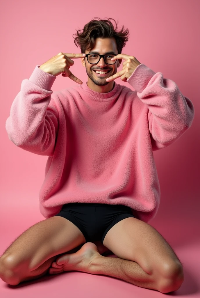 create a picture of Joost Klein (dutch singer) taking a selfie and smiling beautifully with his hair messed up and dressed up with a big pink sweater and his black glasses, legs spread and with black boxers