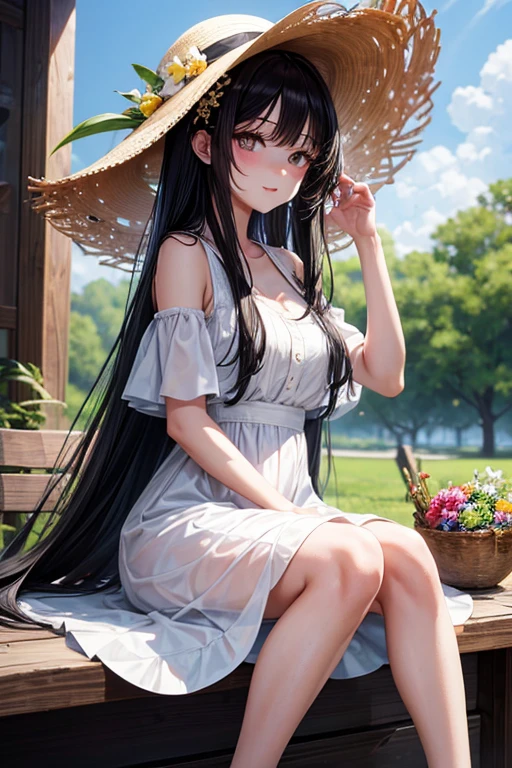 Girl with long black hair, white dress, white high heels and straw hat