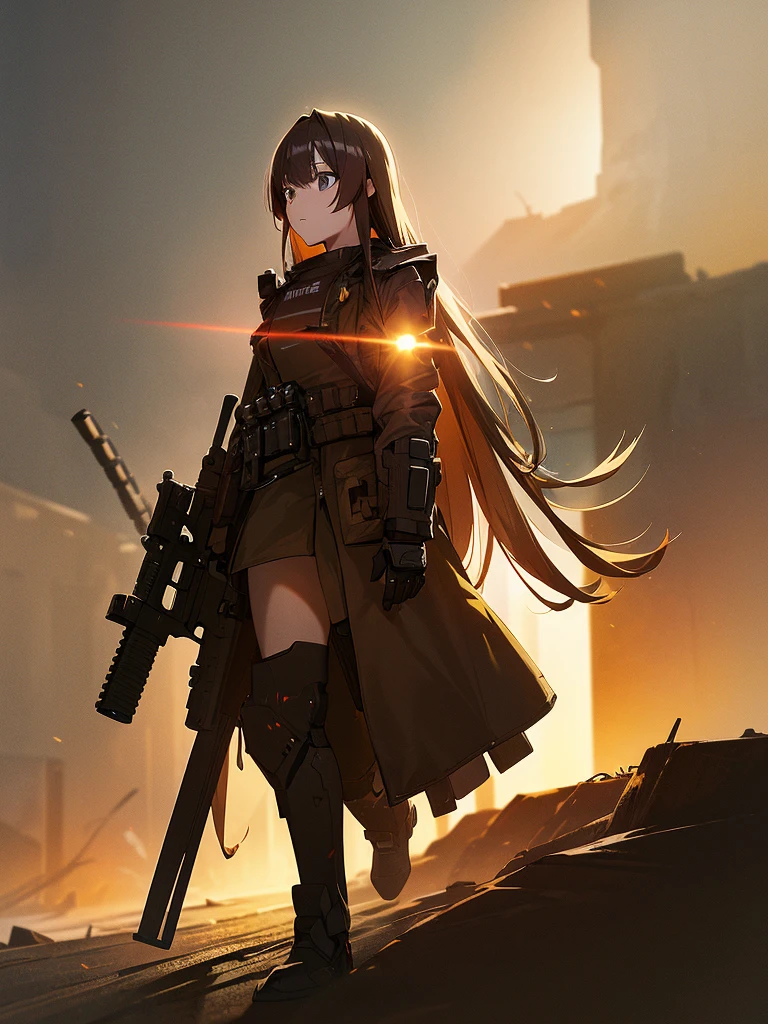 1 Robot, Get noticed, Holding_gun, assault_rifle, Very detailed, Brown Hair, Long Hair, Anime Style, whole body, alone, Stylish Gunfighter Girl, スチームパンクの長gun身ピストルを持っている,Standing in the Wilderness, 8K high resolution, White Background, The background is a dark and desolate landscape, Horror movie atmosphere. Her figure is very beautiful, Emphasizing the dark and crazy elements. Skillfully expressing the effects of light and shadow, Anime girls with guns and rifles, from Girl' Forefront, Mechanized Soldier Girl