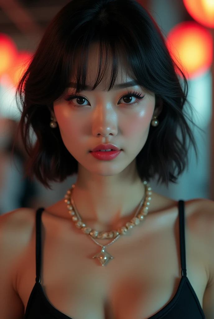 realistic,(best quality, masterpiece),(ultra detailed),(high detail RAW color photo) of a beautiful elegant ((mega breasted)) japanese woman,(wavy bob-cut hair),(necklace and earrings),(open clothes with ((deep neckline))),(detailed cute face and neon glowing eyes),(full glossy lips,the mouth slightly open),(looking at camera),(frontal centered symmetrical composition),(perfect professional lighting),8K,HDR,UHD Professional photography,