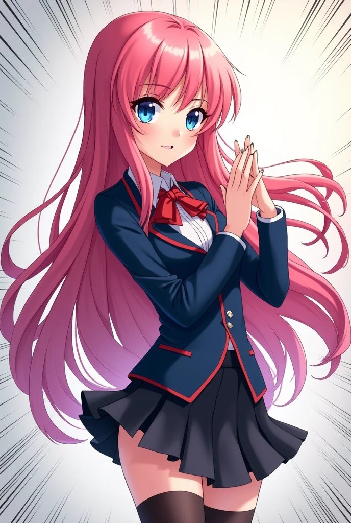 "A captivating 17-year-old action anime girl with long, flowing pink hair and striking blue eyes. She's wearing a sleek, form-fitting blazer-style school uniform, with a short skirt that accentuates her figure. Thigh-high socks add to her alluring appearance, contrasting with her youthful and vibrant look. Her hair falls elegantly down her back, and she has a playful yet confident smile as she clasps her hands together. The scene is dynamic, with comic book-like details
highlighting her curves and the energy she exudes. Her pose and expression blend sexiness with a powerful, action-ready vibe."