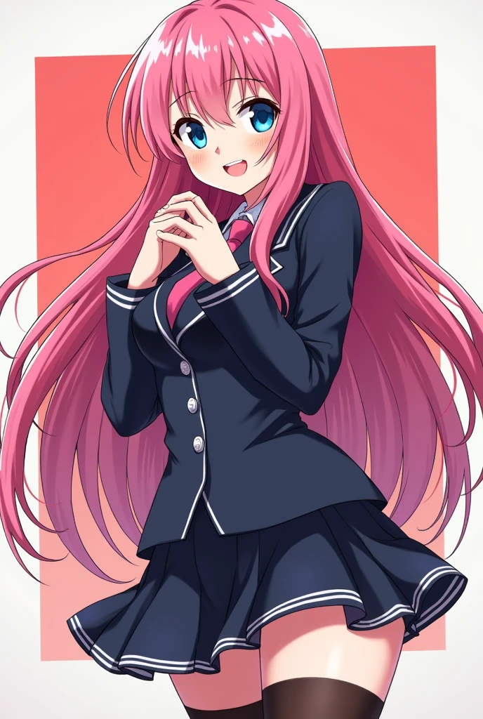 "A captivating 17-year-old action anime girl with long, flowing pink hair and striking blue eyes. She's wearing a sleek, form-fitting blazer-style school uniform, with a short skirt that accentuates her figure. Thigh-high socks add to her alluring appearance, contrasting with her youthful and vibrant look. Her hair falls elegantly down her back, and she has a playful yet confident smile as she clasps her hands together. The scene is dynamic, with comic book-like details
highlighting her curves and the energy she exudes. Her pose and expression blend sexiness with a powerful, action-ready vibe."