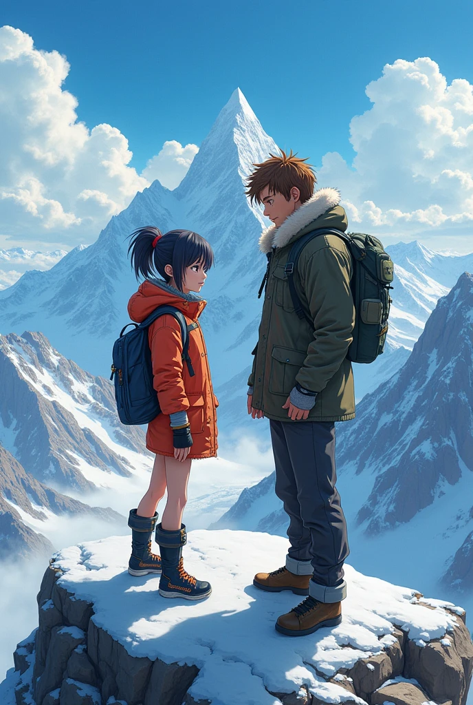 Make an anime character and a real-life person on top of a mountain 