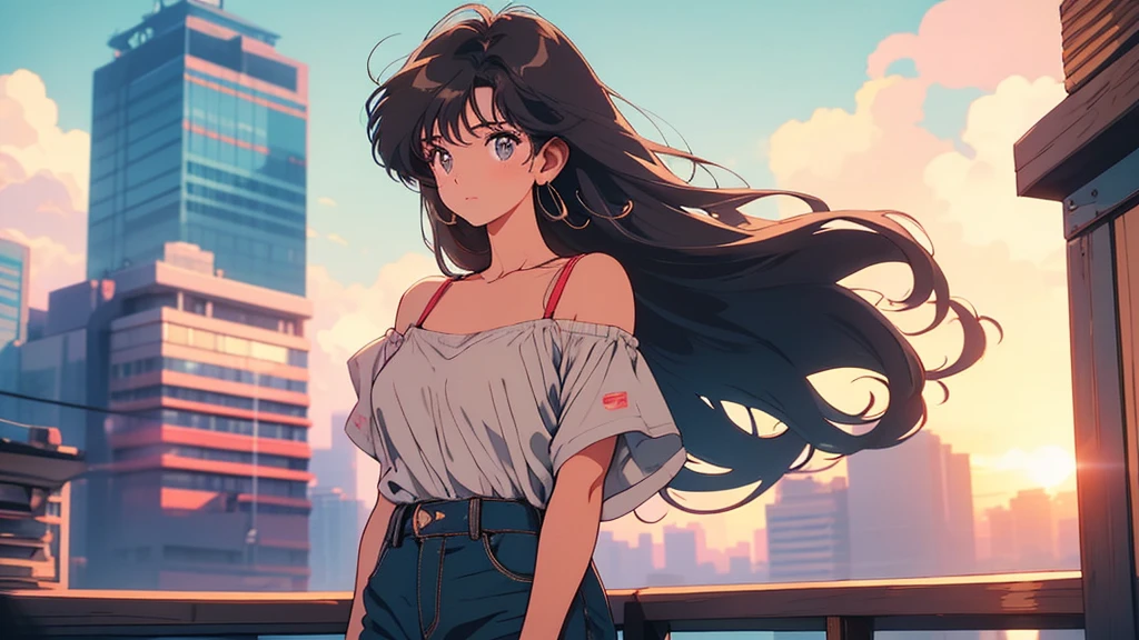 90s city pop vibes。With just a short-sleeved T-shirt、Casual clothing。Highest quality。A beautiful woman with long, straight brown hair。The subject is standing alone.。Dynamic Angle。The background is solid white、Records lined up。Listening to music through headphones。