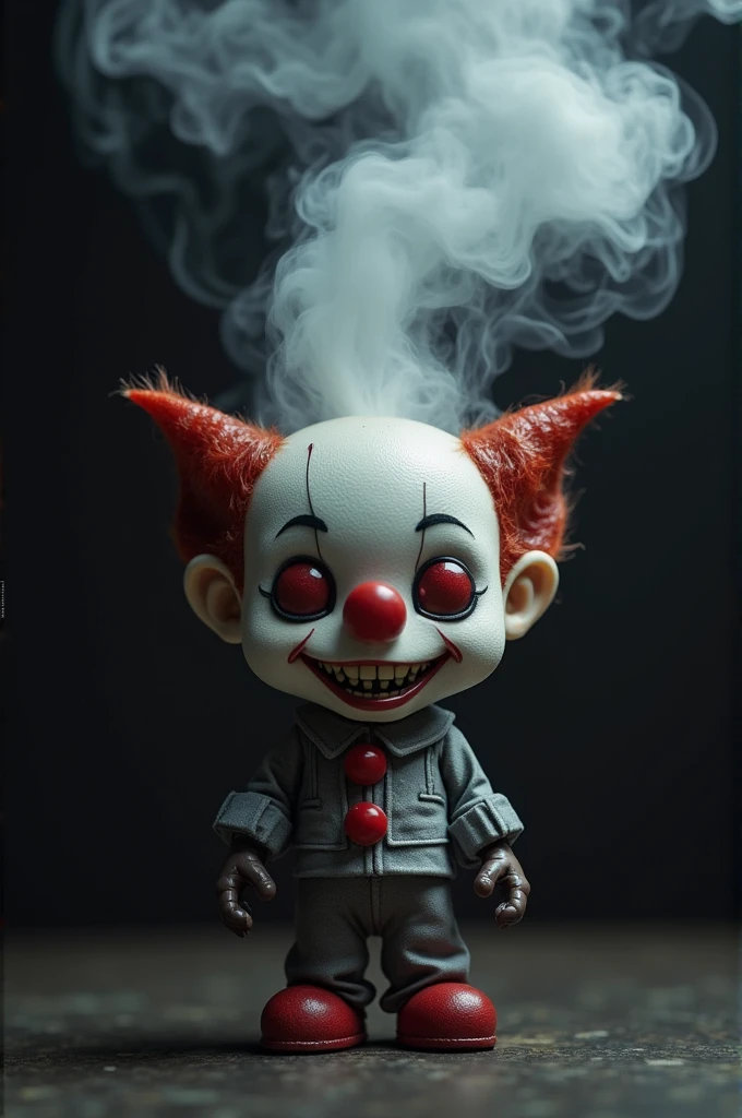 an electronic cigarette with a clown smile, red eyes and releasing a lot of smoke through its ears and mouth