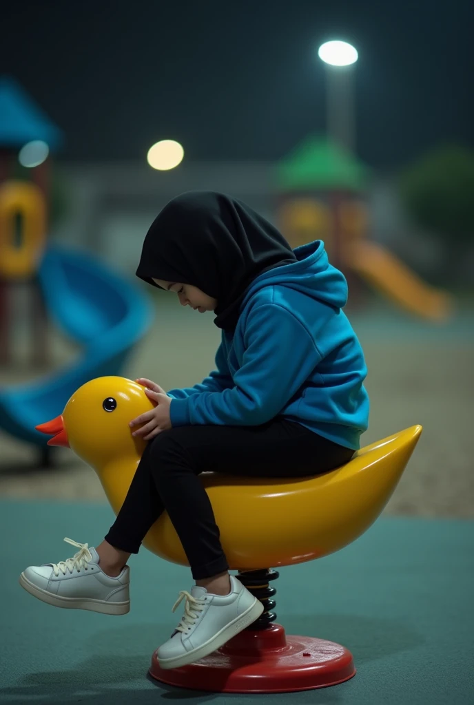 This image shows a hijabi girl sitting on a playground spring rider shaped like a yellow bird with a red base. The scene is set at night in an outdoor playground. The person is wearing a blue hoodie, black pants, and white sneakers. They are hunched over with their head down, and their face is not visible. The playground surface is a soft mat, and there are other playground structures visible in the background. The lighting is dim, creating a slightly blurry effect in the image.