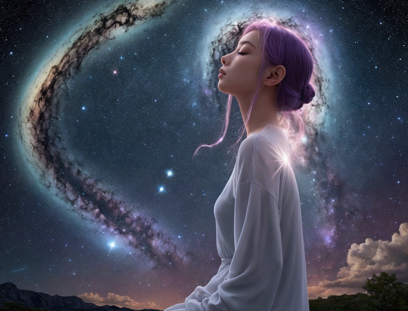 Center the image, The human form is surrounded by a powerful aura of light, It is emitted in all directions, It is God々symbolizes the relationship with. The aura is made up of different colors, Purple Clouds, Shades of blue, green, pink, Creates dynamic and energetic energy.. A very bright spot in the center of the forehead. The person appears to be in a meditative or contemplative state, Close your eyes, And his face is calm and serene. They seem completely at one with the universe., It is connected to the surrounding stars and planets.. The images evoke awe and wonder, Makes viewers think about the beauty and mystery of the universe.. It reminds us of the infinite possibilities that are beyond our comprehension., And that is、Encourages exploration of the universe and spiritual connection with the divine.