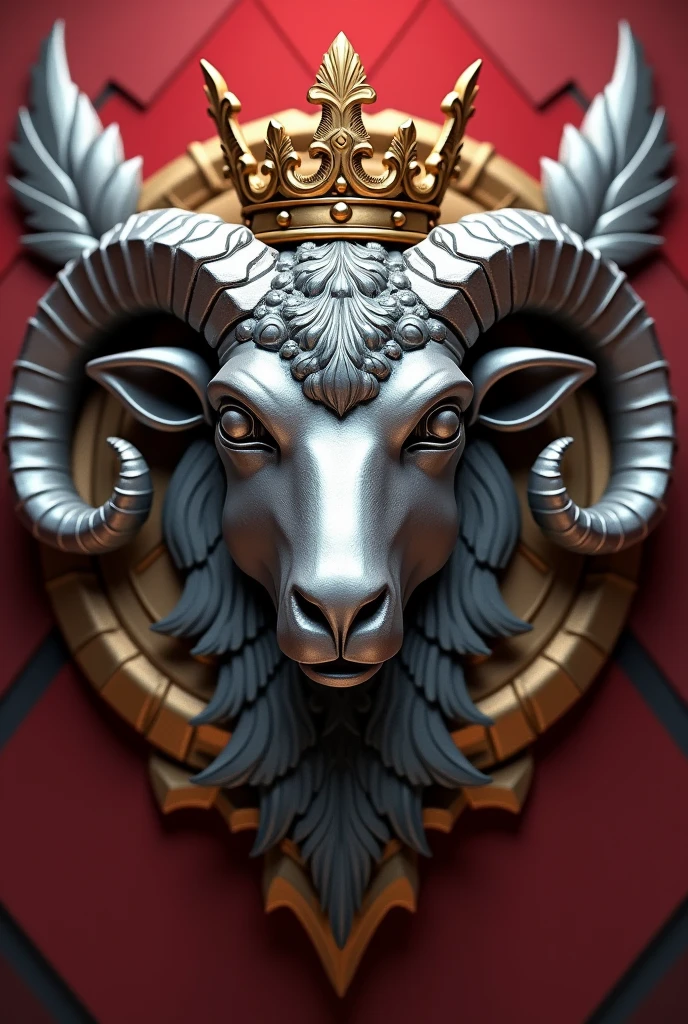 带有金属羊头close up和皇冠的游戏奖章,close up,hearthstone art style, hearthstone style art, Hearthstone concept art, Riot game concept art, League of Legends style, Iconic Character Splash Art,Game Badges,Surrounding metal feathers,Red Gold,C4D Rendering,Less detail,Less details,There is a huge metal sheep's head in the middle